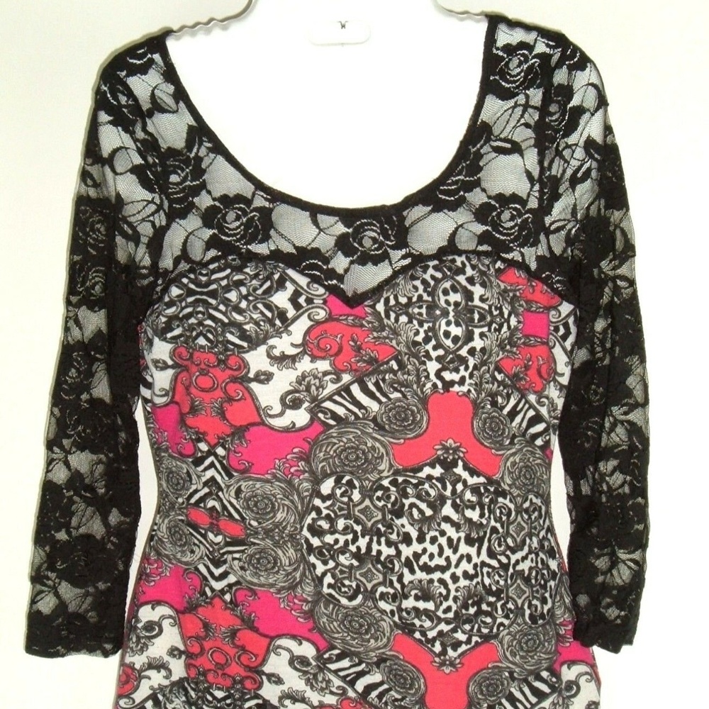 BONGO Top Womens Jrs Floral & Lace Pink Black Boho Vtg Y2K